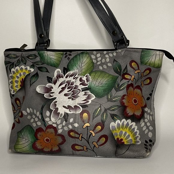 ANUSCHKA Handbag Garden of Eden Grey Floral Purse Tote Hand Painted Leather - Picture 2 of 14